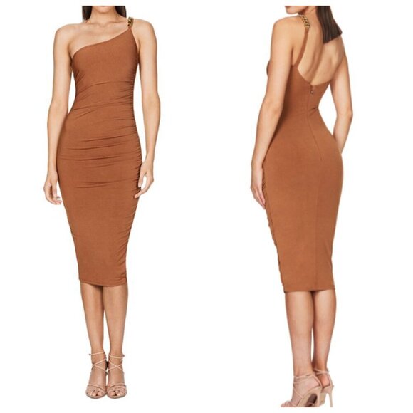 Nookie Dresses & Skirts - Nookie Alyssa Chain Midi Dress Women's Size S Tan One Shoulder Sleeve Jersey
